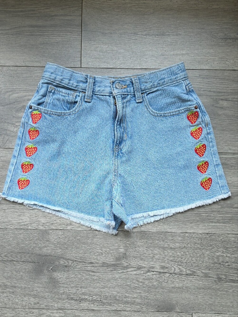 Old Navy Light Blue Non Stretch Denim Shorts with Red Strawberry Embroidery 16